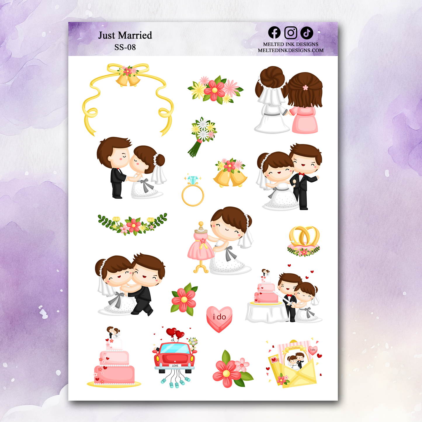 Photo is a picture of a sticker sheet that consists of 19 stickers. Those stickers include happy couple, cake, wedding rings, flowers, heart, bouquet, etc. 