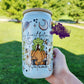 My Heart Belongs to Autumn Glass Can. Picture is of a 16 oz glass can to hold cold beverages. Design is a Frog sitting on a pumpkin with mushrooms, crescent moon and leaves. 