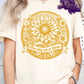 Intricate sunflower mandala design with the uplifting phrase “One day at a time” in vintage script, symbolizing hope, healing, and mindfulness.