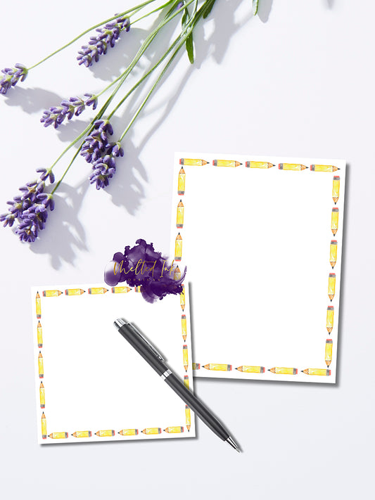 School-themed notepad featuring a border of yellow pencils on a white background, perfect for jotting down notes.