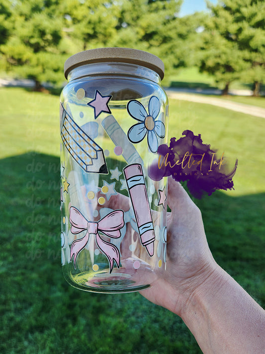 Pink Pencil Teacher Glass Can