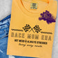 Mom Era T-shirt with checkered flag design and text “Hot Mess Always Stressed Loving Every Minute”