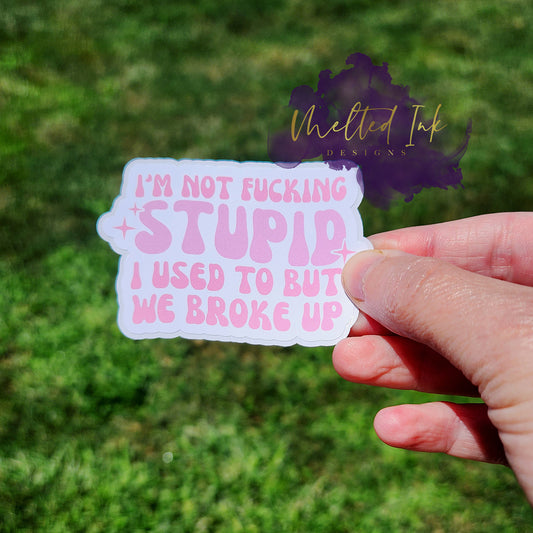 Photo is of a sticker that says I'm not fucking stupid I used to but we broke up in light pink ink. 