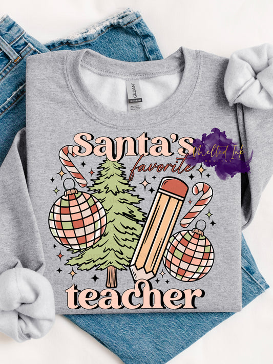 Photo is a mock up of design. Design is colored light pinks and light green and says Santa's Favorite teacher. Has picture of a christmas tree, ornaments, candy cane, and pencil. 