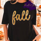 Shirt Design with the word “fall” in large, cursive lettering outlined with golden sequins. A sparkling autumn-inspired design perfect for seasonal shirts, sweatshirts, and hoodies