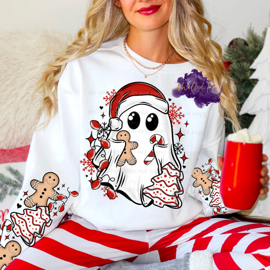 Photo is a mock up of design. The design is of a Ghost with Santa Hat holding a candy cane, gingerbread and Christmas Tree Cake and is on a white shirt. 