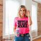 Photo is a mock up of the design.  Design is black and pressed on a bright pink shirt. Design says somebody's loud mouth track mama. Design also has option of pocket design. 