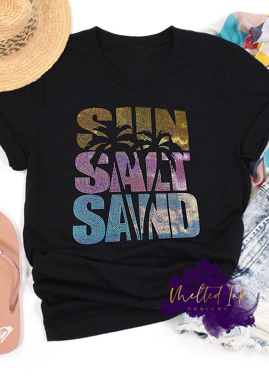 Sun Salt Sand shirt design with colorful beach graphic design and palm trees