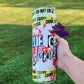 Photo is  a 20oz tumbler that says True Crime Junkie. It features crime scene tape and blood splatters. 