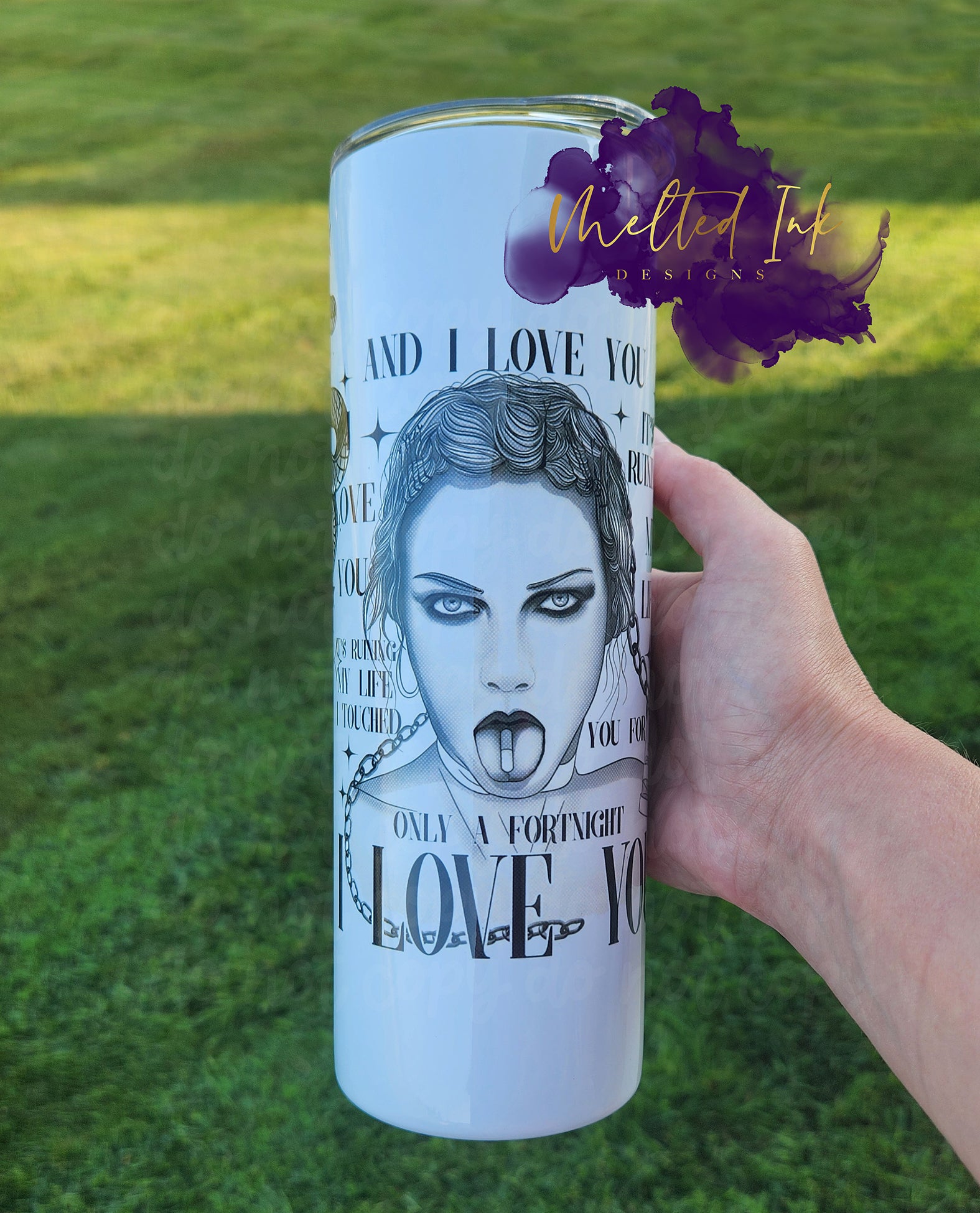 Photo features a 20oz taylor swift tumbler regarding fortnight