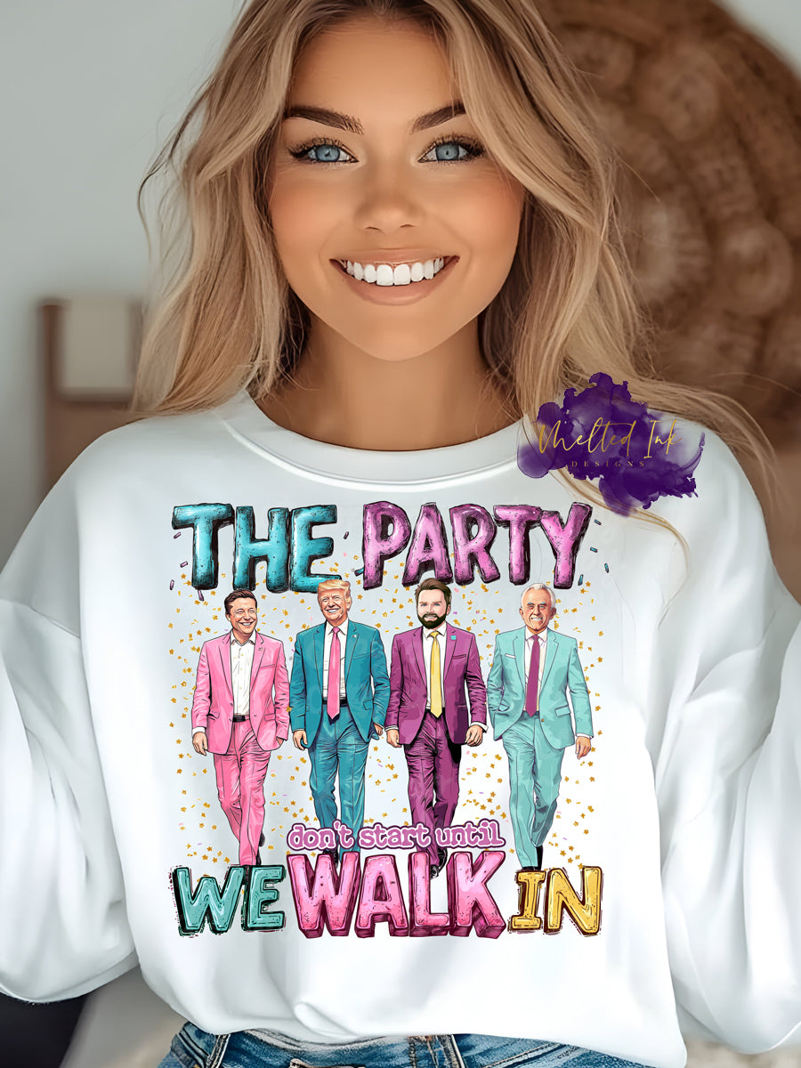 The Party Don't Start Until We Walk In. Image design features Musk, Trump, Vance and JFK Jr. 