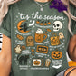 Halloween collage design with hand-drawn illustrations including pumpkins, witches, skulls, ghosts, bats, and pumpkin spice mugs. 
