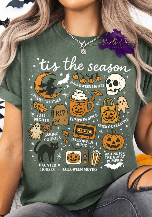 Halloween collage design with hand-drawn illustrations including pumpkins, witches, skulls, ghosts, bats, and pumpkin spice mugs. 