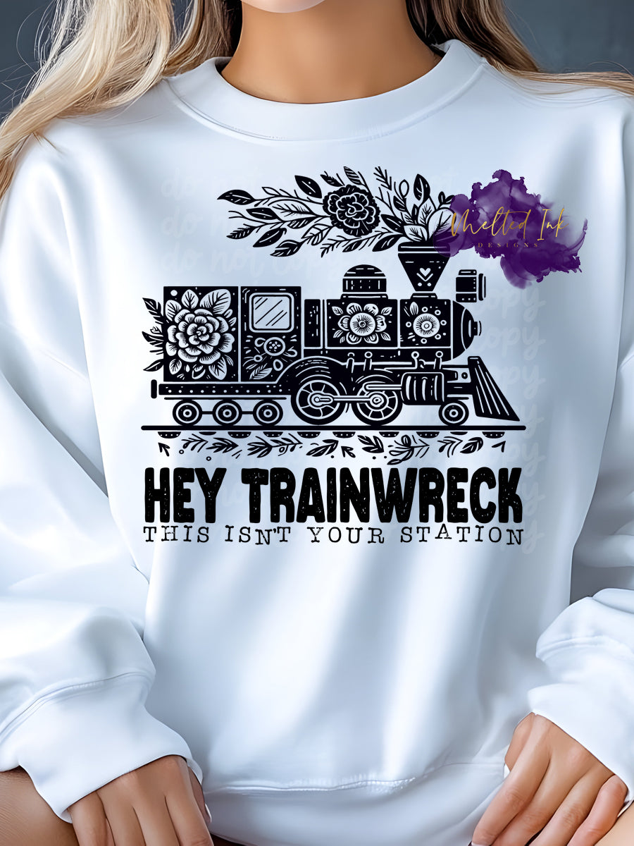 Hey Trainwreck This Isn't Your Station. Picture of a floral train. 