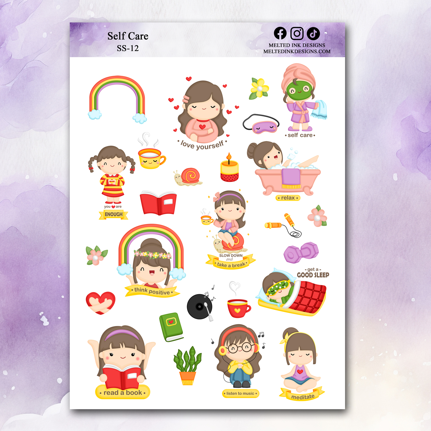 Photo is a picture of a self care sticker sheet with several stickers on it. 