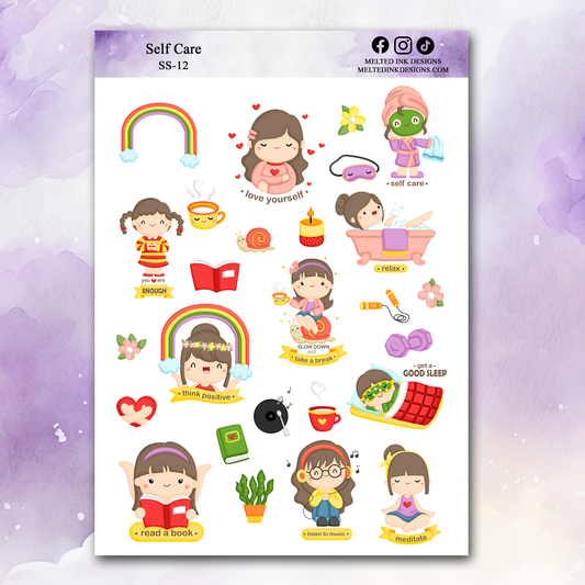 Photo is a picture of a self care sticker sheet with several stickers on it. 